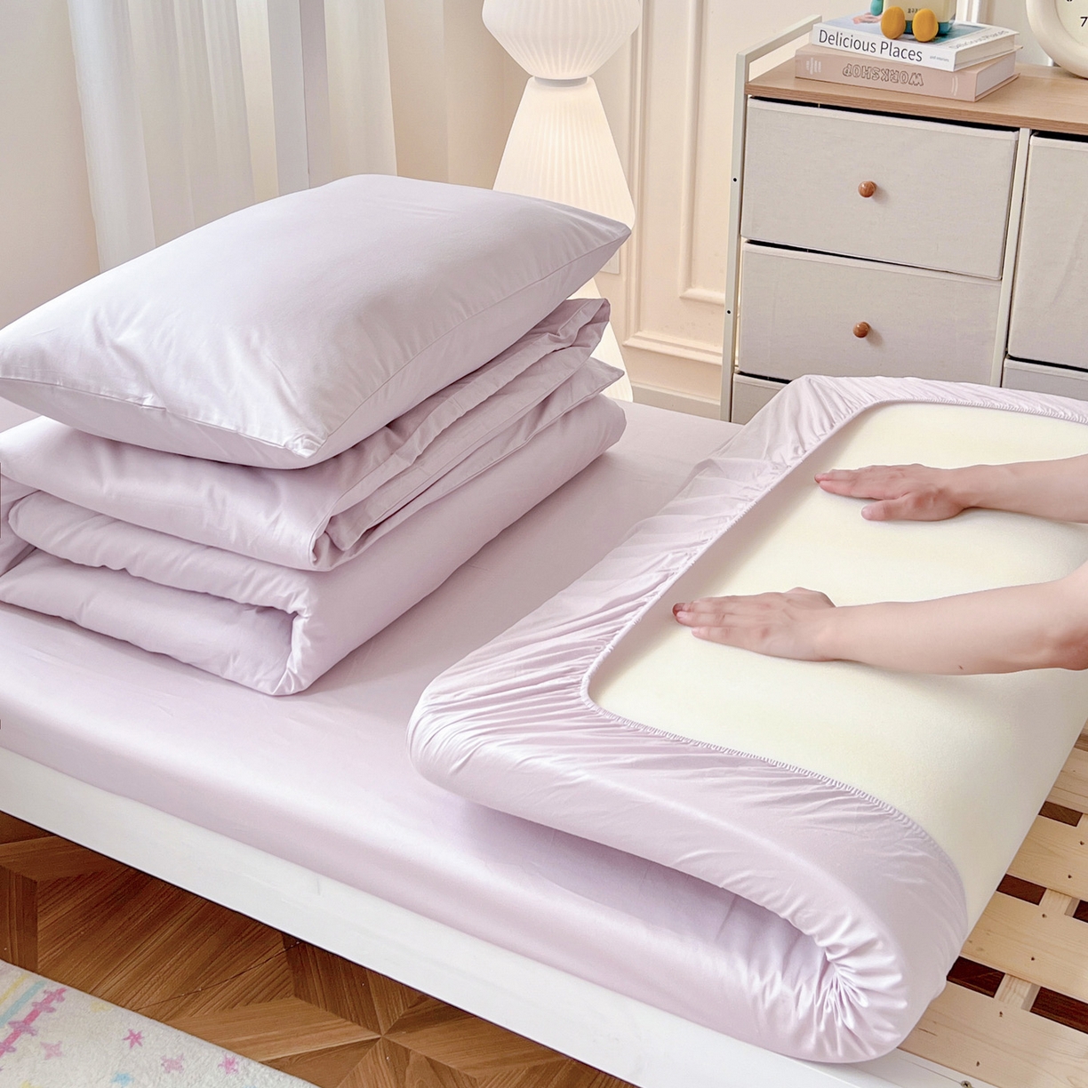 91家纺网 家纺一手货源 找家纺  泽西2025新品A类13376加密全棉卡通床笠三件套纯棉学生宿舍单床笠 淘气虫-微微紫