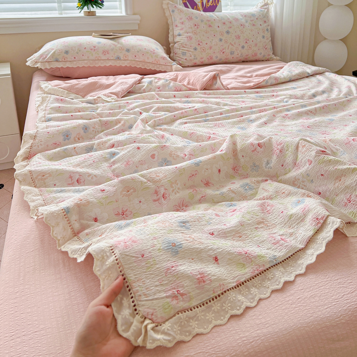 91家纺网 家纺一手货源 找家纺 （总）2025新款云感皱皱纱全棉花边款夏被四件套