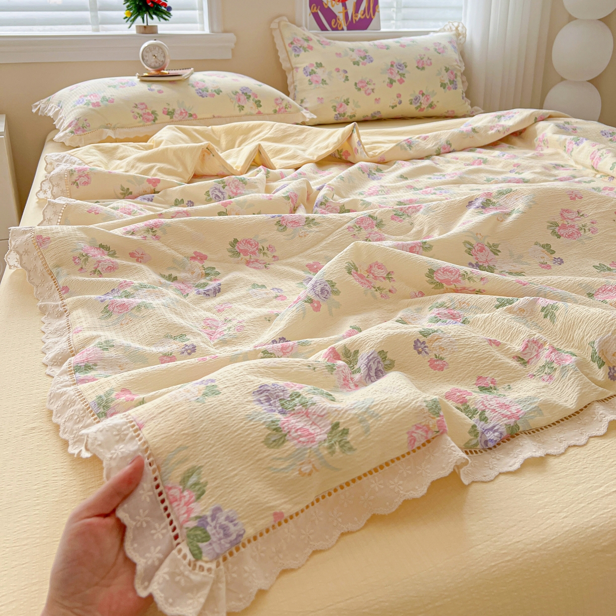 91家纺网 家纺一手货源 找家纺 （总）2025新款云感皱皱纱全棉花边款夏被四件套