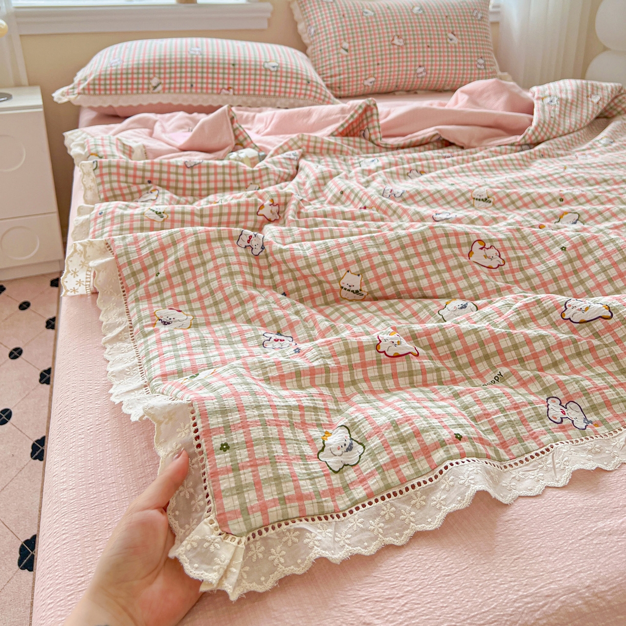 91家纺网 家纺一手货源 找家纺 （总）2025新款云感皱皱纱全棉花边款夏被四件套