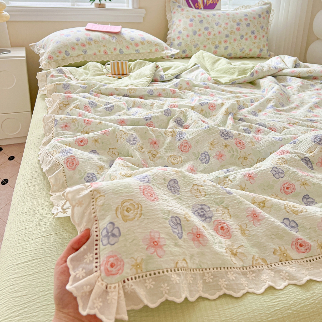 91家纺网 家纺一手货源 找家纺 （总）2025新款云感皱皱纱全棉花边款夏被四件套