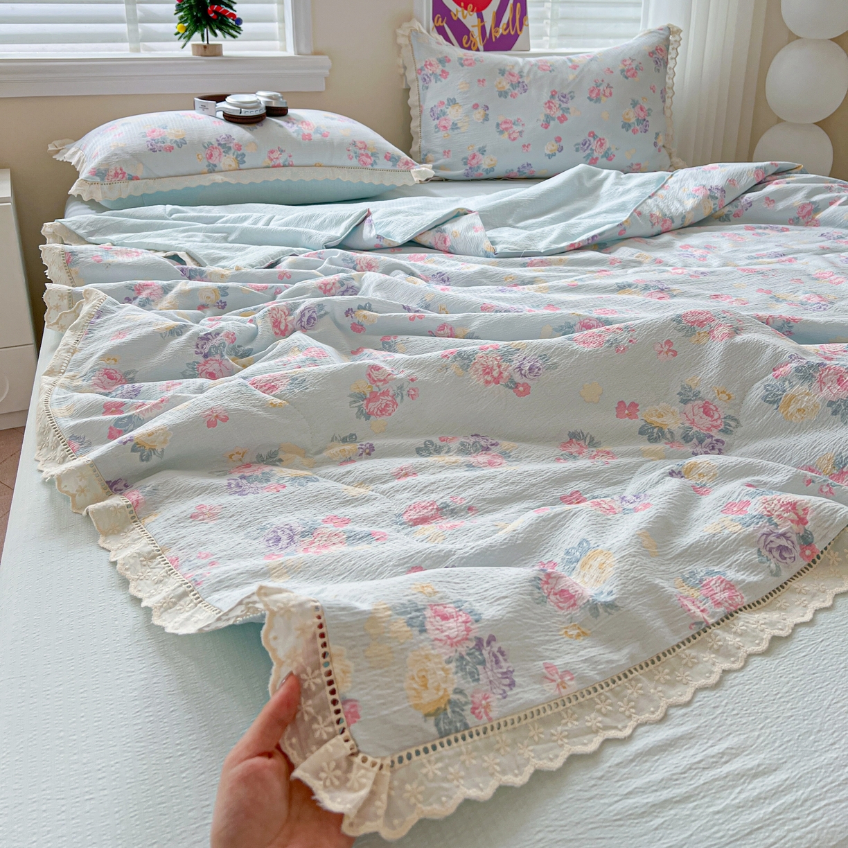 91家纺网 家纺一手货源 找家纺 （总）2025新款云感皱皱纱全棉花边款夏被四件套