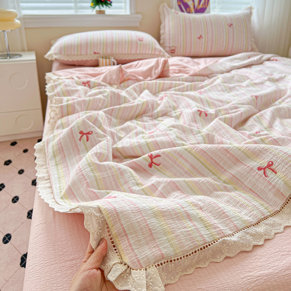 91家纺网 家纺一手货源 找家纺 （总）2025新款云感皱皱纱全棉花边款夏被四件套