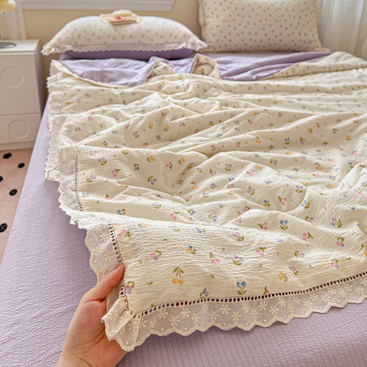 91家纺网 家纺一手货源 找家纺 （总）2025新款云感皱皱纱全棉花边款夏被四件套