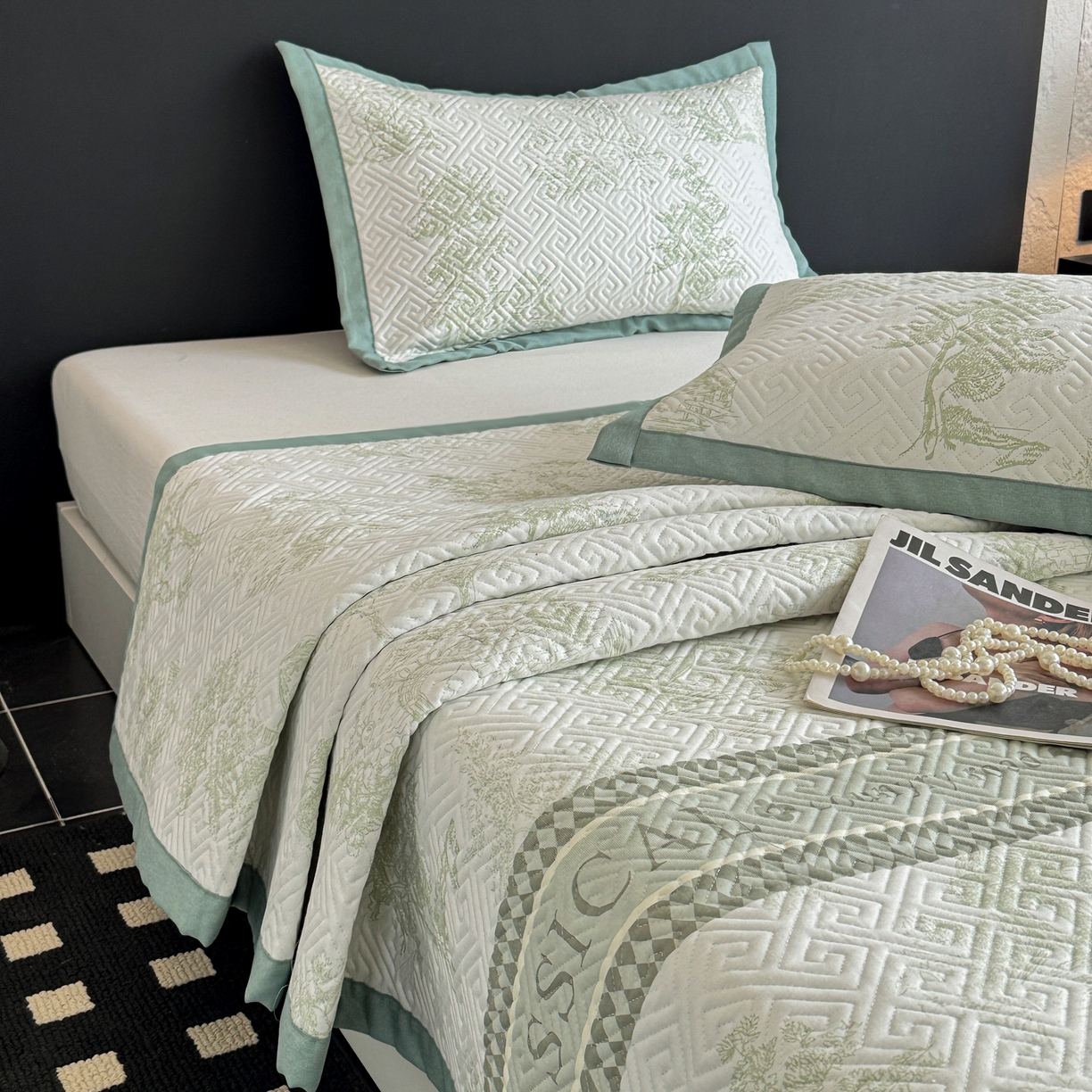 91家纺网 家纺一手货源 找家纺 简宜家居（朝初家纺） 2025春夏新款全棉纯棉老粗布床单绗缝凉席席子 床褥 薄垫子 一席多用民俗-绿