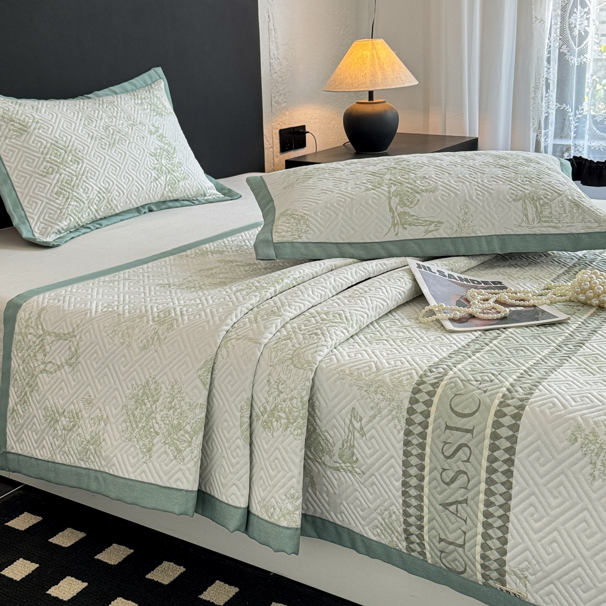 91家纺网 家纺一手货源 找家纺 简宜家居（朝初家纺） 2025春夏新款全棉纯棉老粗布床单绗缝凉席席子 床褥 薄垫子 一席多用民俗-绿