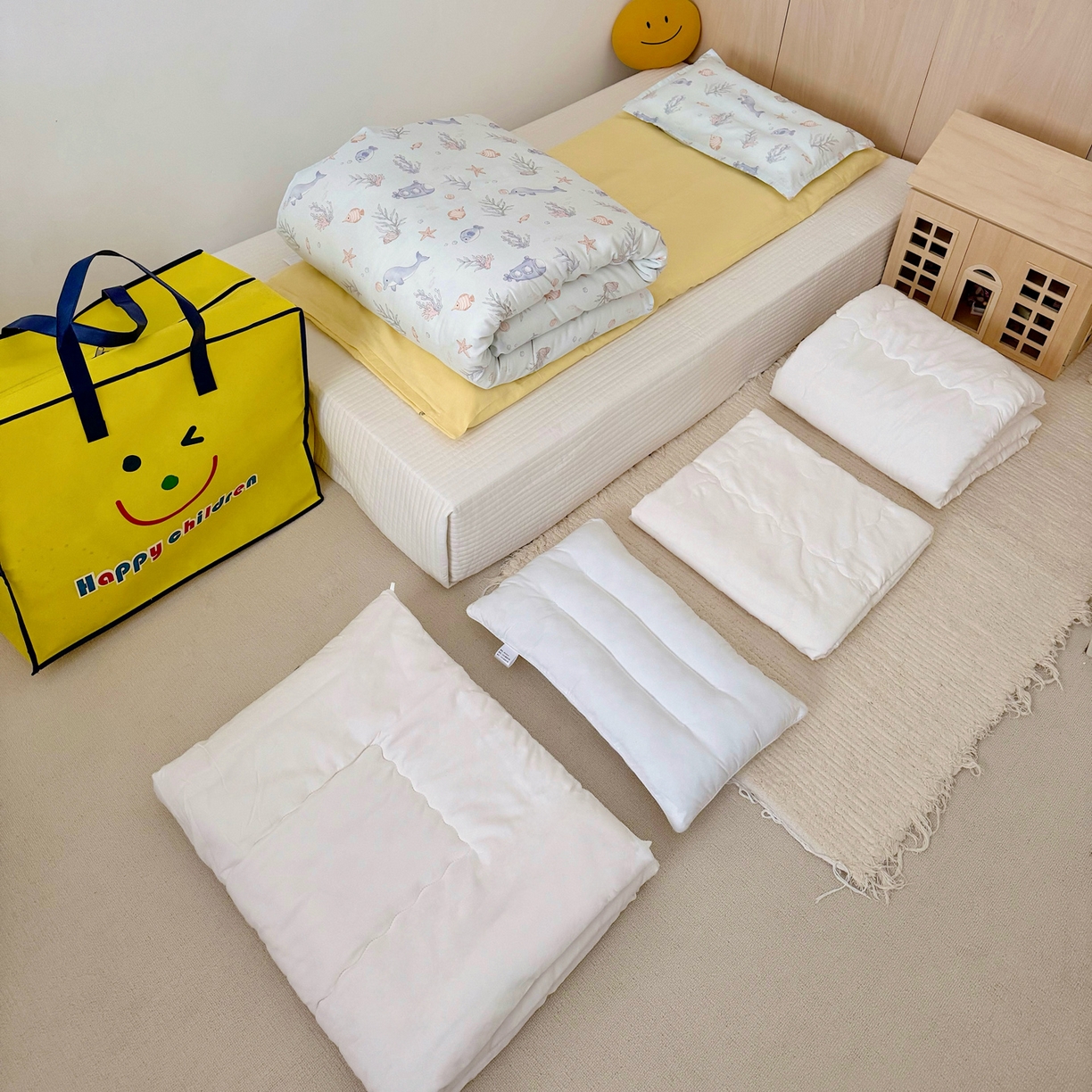 91家纺网 家纺一手货源 找家纺 2025新款全棉26℃有氧双层纱幼儿园多件套 海底世界