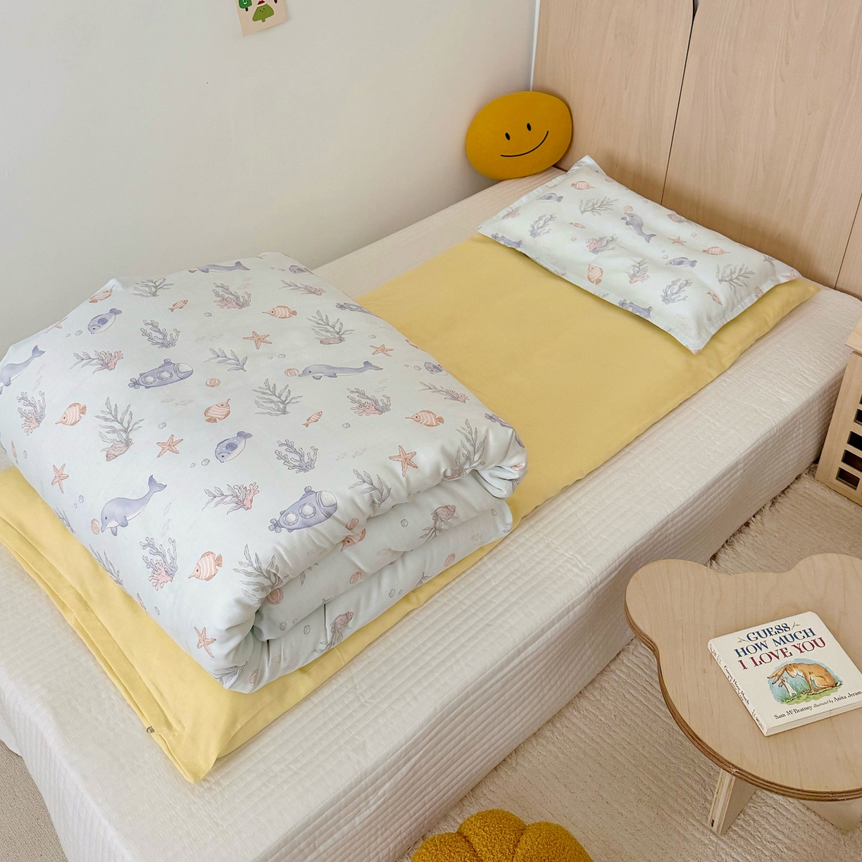 91家纺网 家纺一手货源 找家纺 2025新款全棉26℃有氧双层纱幼儿园多件套 海底世界