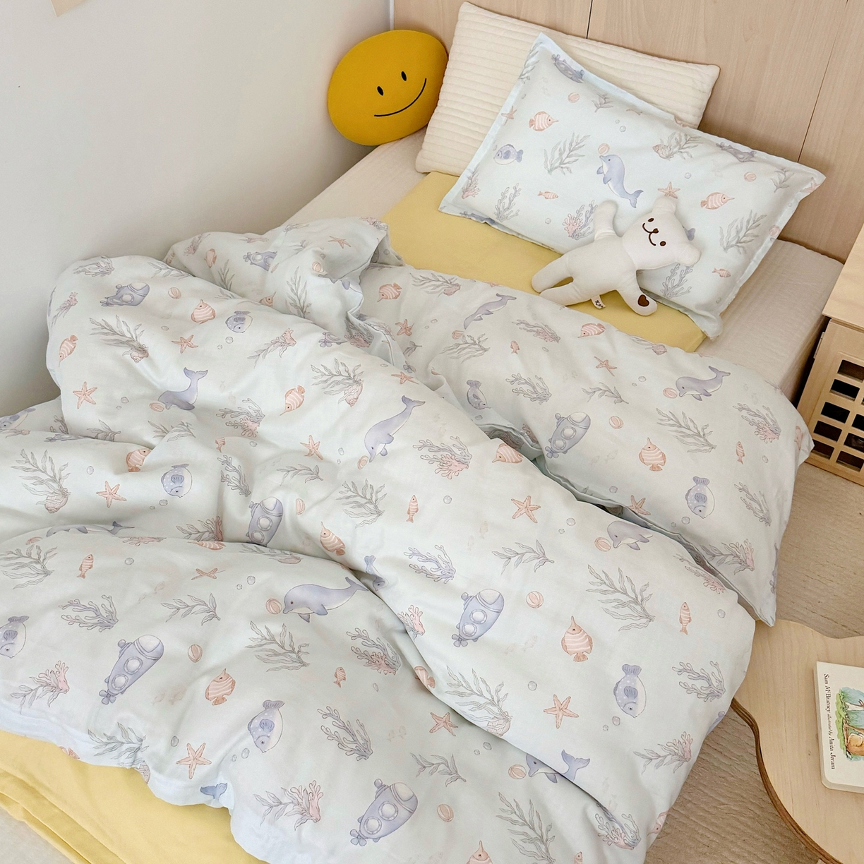 91家纺网 家纺一手货源 找家纺 2025新款全棉26℃有氧双层纱幼儿园多件套 海底世界