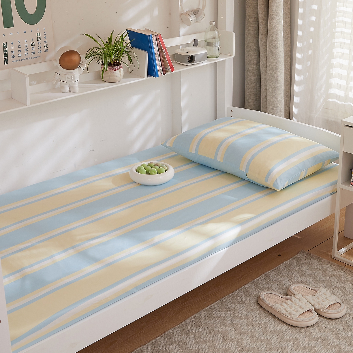 91家纺网 家纺一手货源 找家纺 DoDo 兜兜 2025新款全棉纯棉小清新卡通条格学生宿舍系列单品床笠 薄荷曼波A版