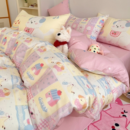 桃喜 2025新款6月开学季全棉混搭枕套13070学生三件套四件套 房子小狗