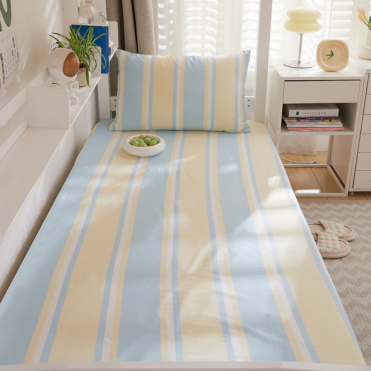 91家纺网 家纺一手货源 找家纺 DoDo 兜兜 2025新款全棉纯棉小清新卡通条格学生宿舍系列单品床笠 薄荷曼波A版