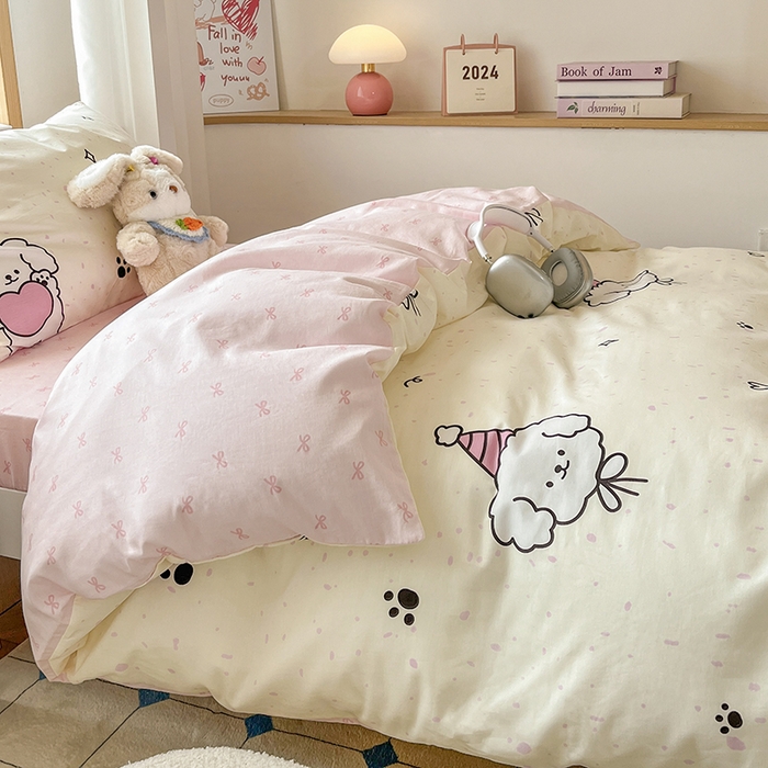 91家纺网 家纺一手货源 找家纺 慕尚家纺 2025新款13070全棉学生季全棉学生床三件套 桃心狗