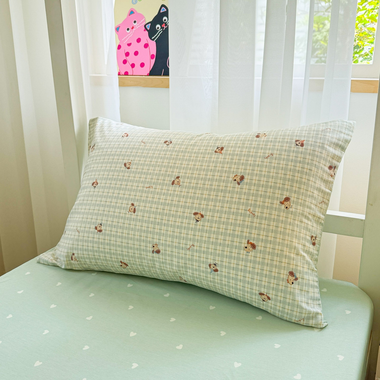 91家纺网 家纺一手货源 找家纺 慕尚家纺 2025新款13070全棉学生季全棉学生床三件套 绿格狗狗