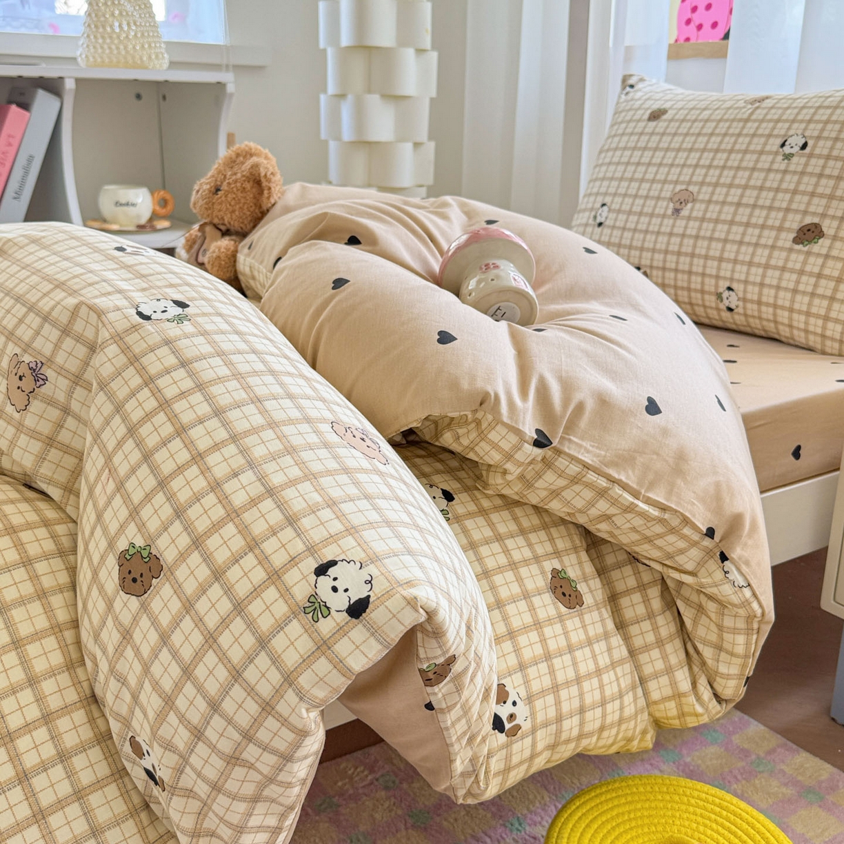 91家纺网 家纺一手货源 找家纺 慕尚家纺 2025新款13070全棉学生季全棉学生床三件套 咖格狗狗