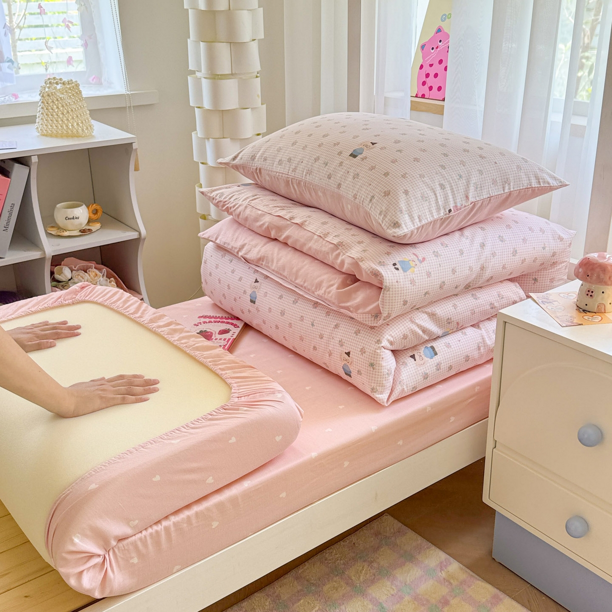 91家纺网 家纺一手货源 找家纺 慕尚家纺 2025新款13070全棉学生季全棉学生床三件套 粉格花