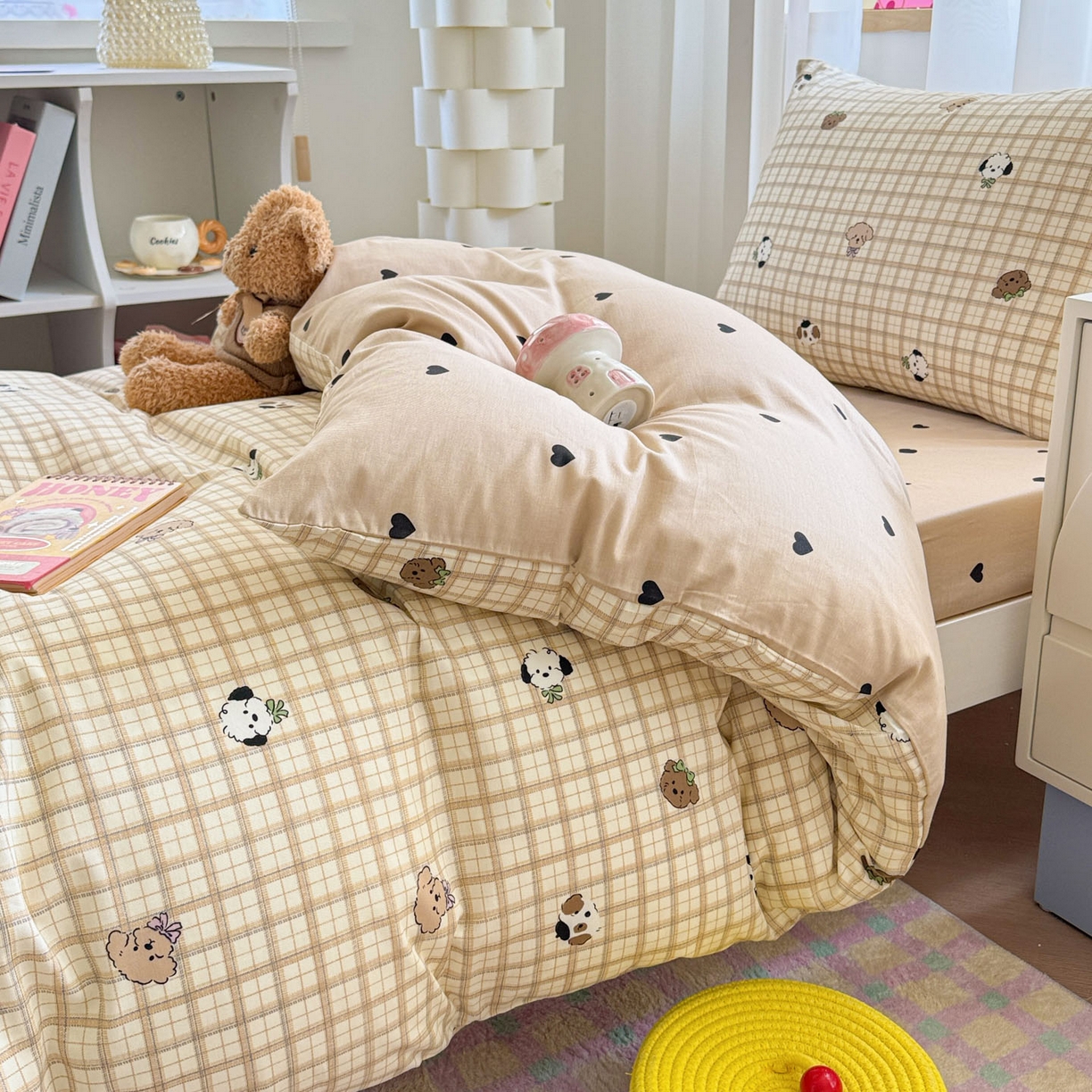 91家纺网 家纺一手货源 找家纺 慕尚家纺 2025新款13070全棉学生季全棉学生床三件套 咖格狗狗