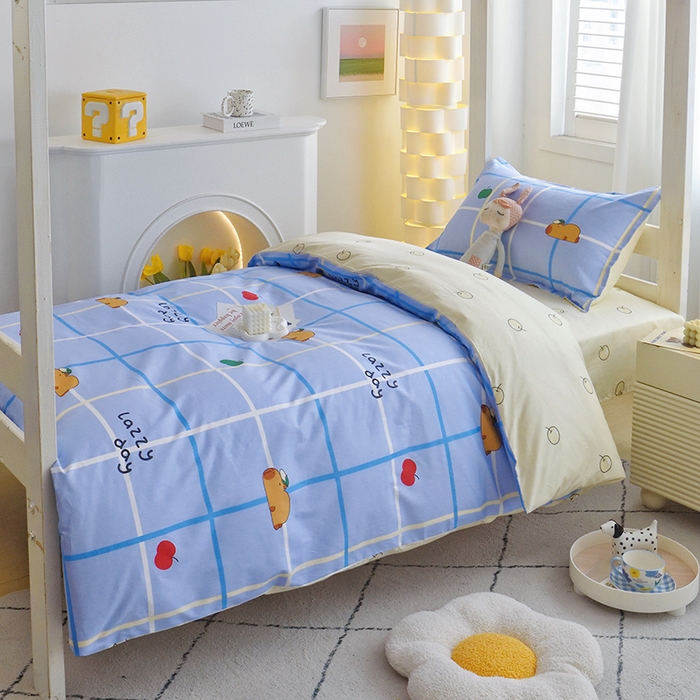 91家纺网 家纺一手货源 找家纺 天之爱 2025年新款13372全棉三件套学生上下铺6件套多件套 卡皮巴拉蓝