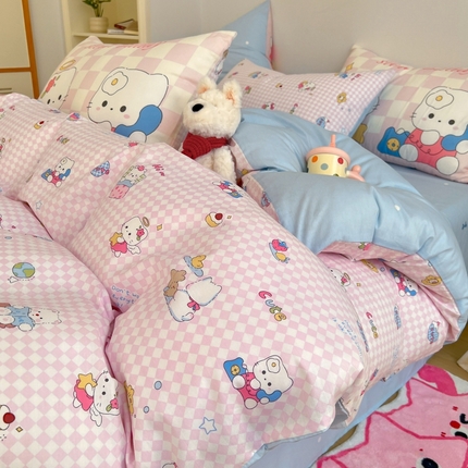 91家纺网 家纺一手货源 找家纺 桃喜 2025新款6月开学季全棉混搭枕套13070学生三件套四件套 电话小猫