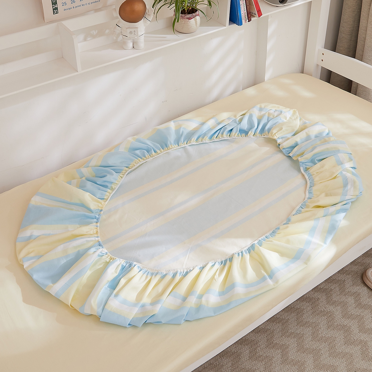 91家纺网 家纺一手货源 找家纺 DoDo 兜兜 2025新款全棉纯棉小清新卡通条格学生宿舍系列单品床笠 薄荷曼波A版