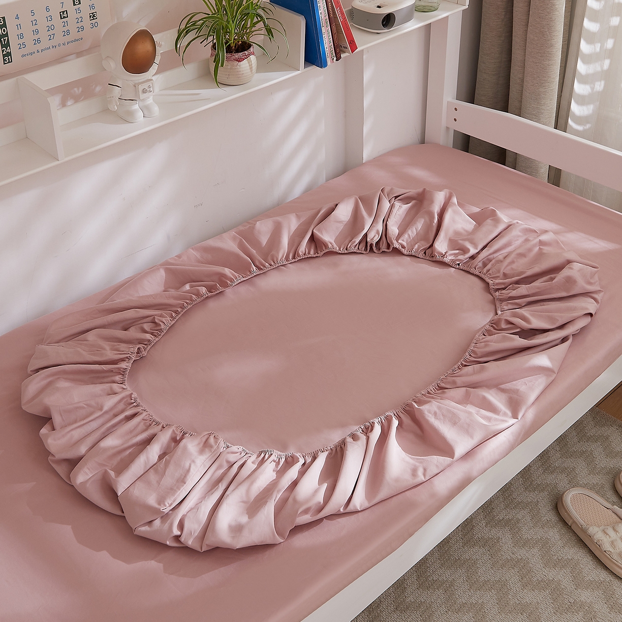 91家纺网 家纺一手货源 找家纺 DoDo 兜兜 2025新款全棉纯棉小清新卡通条格学生宿舍系列单品床笠 黛粉色