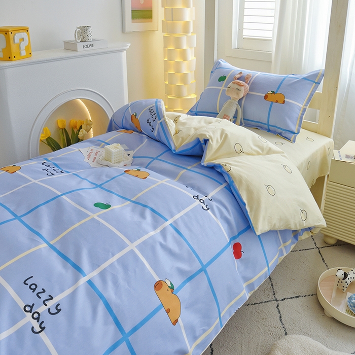 91家纺网 家纺一手货源 找家纺 天之爱 2025年新款13372全棉三件套学生上下铺6件套多件套 卡皮巴拉蓝