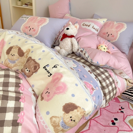 桃喜 2025新款6月开学季全棉混搭枕套13070学生三件套四件套 治愈小兔