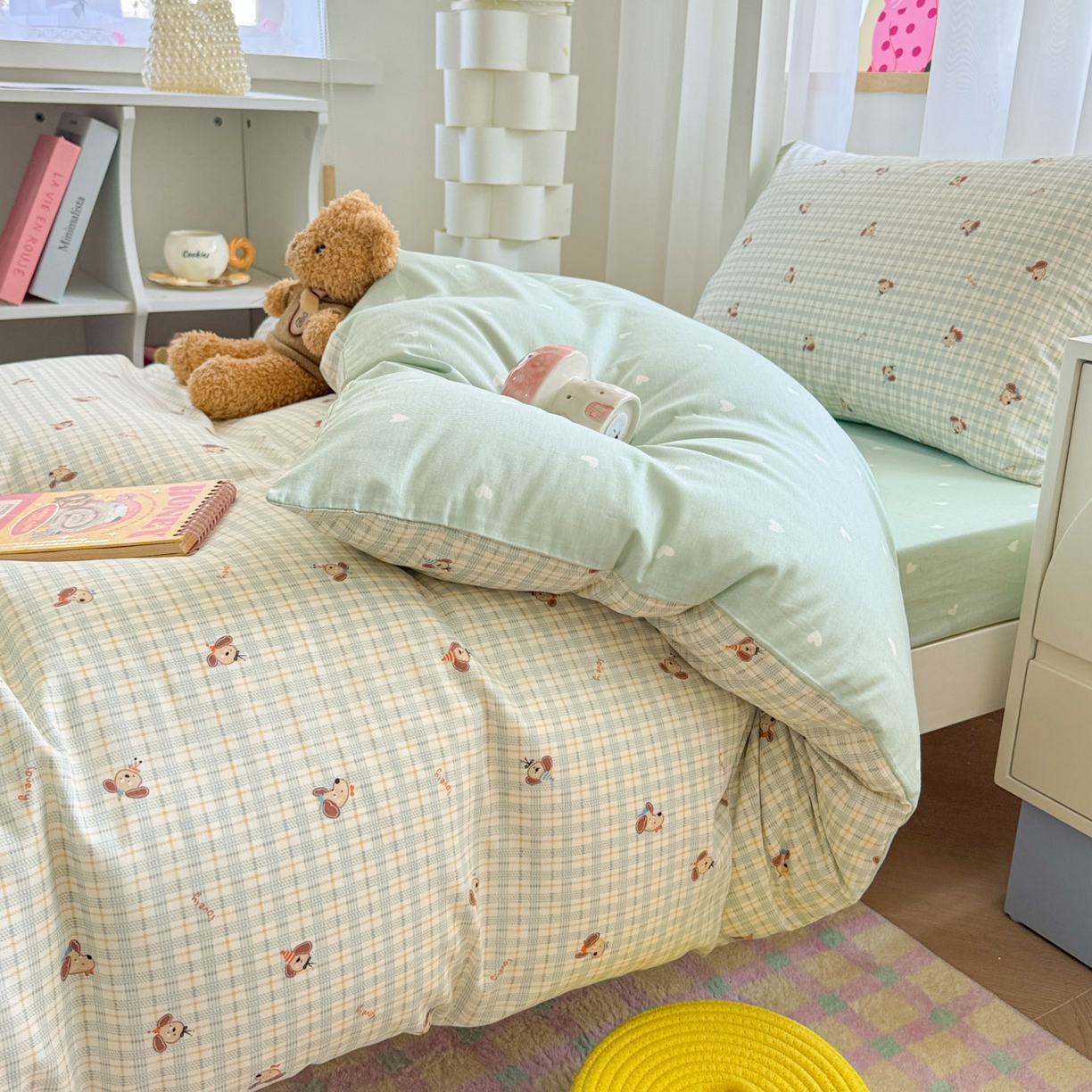 91家纺网 家纺一手货源 找家纺 慕尚家纺 2025新款13070全棉学生季全棉学生床三件套 绿格狗狗