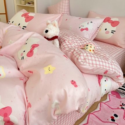 桃喜 2025新款6月开学季全棉混搭枕套13070学生三件套四件套 脸红小猫