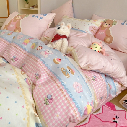 桃喜 2025新款6月开学季全棉混搭枕套13070学生三件套四件套 小熊派