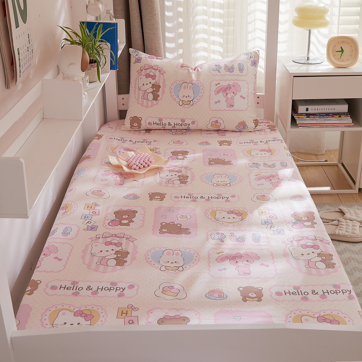 91家纺网 家纺一手货源 找家纺 DoDo 兜兜 2025新款全棉纯棉小清新卡通条格学生宿舍系列单品床笠 粉粉猫A版