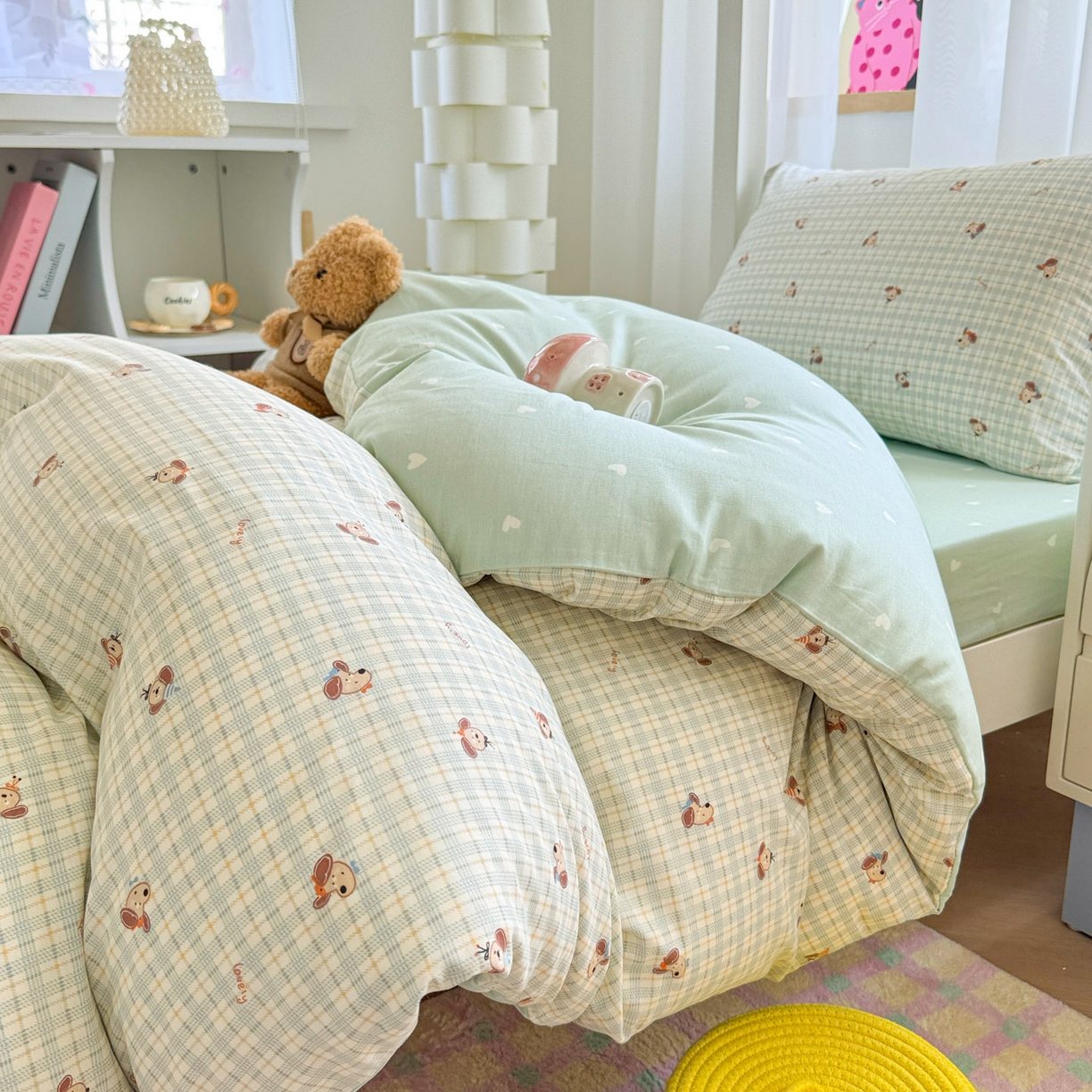 91家纺网 家纺一手货源 找家纺 慕尚家纺 2025新款13070全棉学生季全棉学生床三件套 绿格狗狗