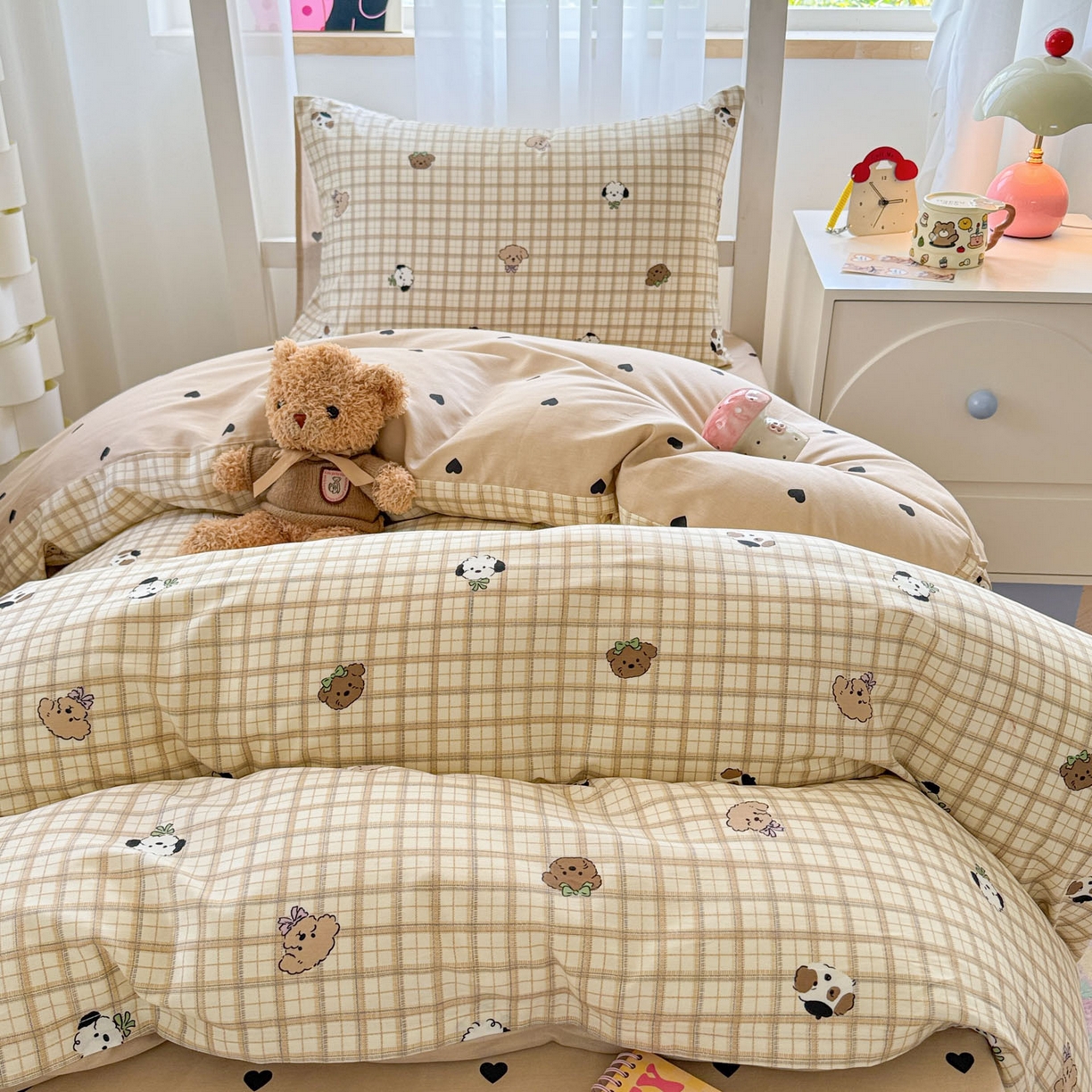 91家纺网 家纺一手货源 找家纺 慕尚家纺 2025新款13070全棉学生季全棉学生床三件套 咖格狗狗