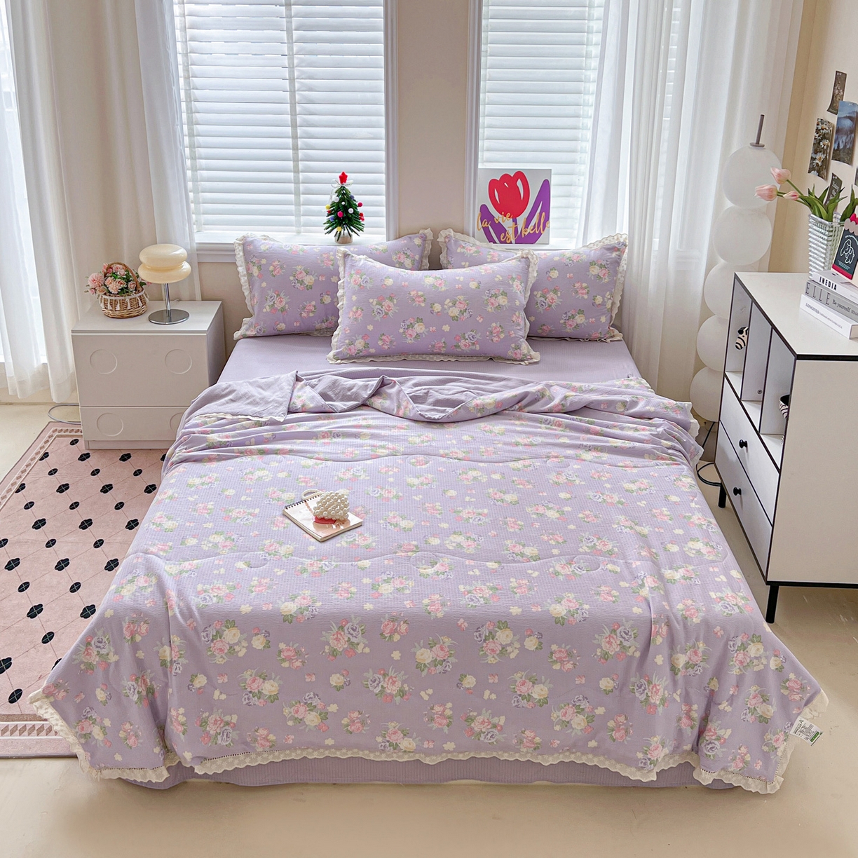 91家纺网 家纺一手货源 找家纺 2025新款云感皱皱纱全棉花边款夏被四件套 黎漫