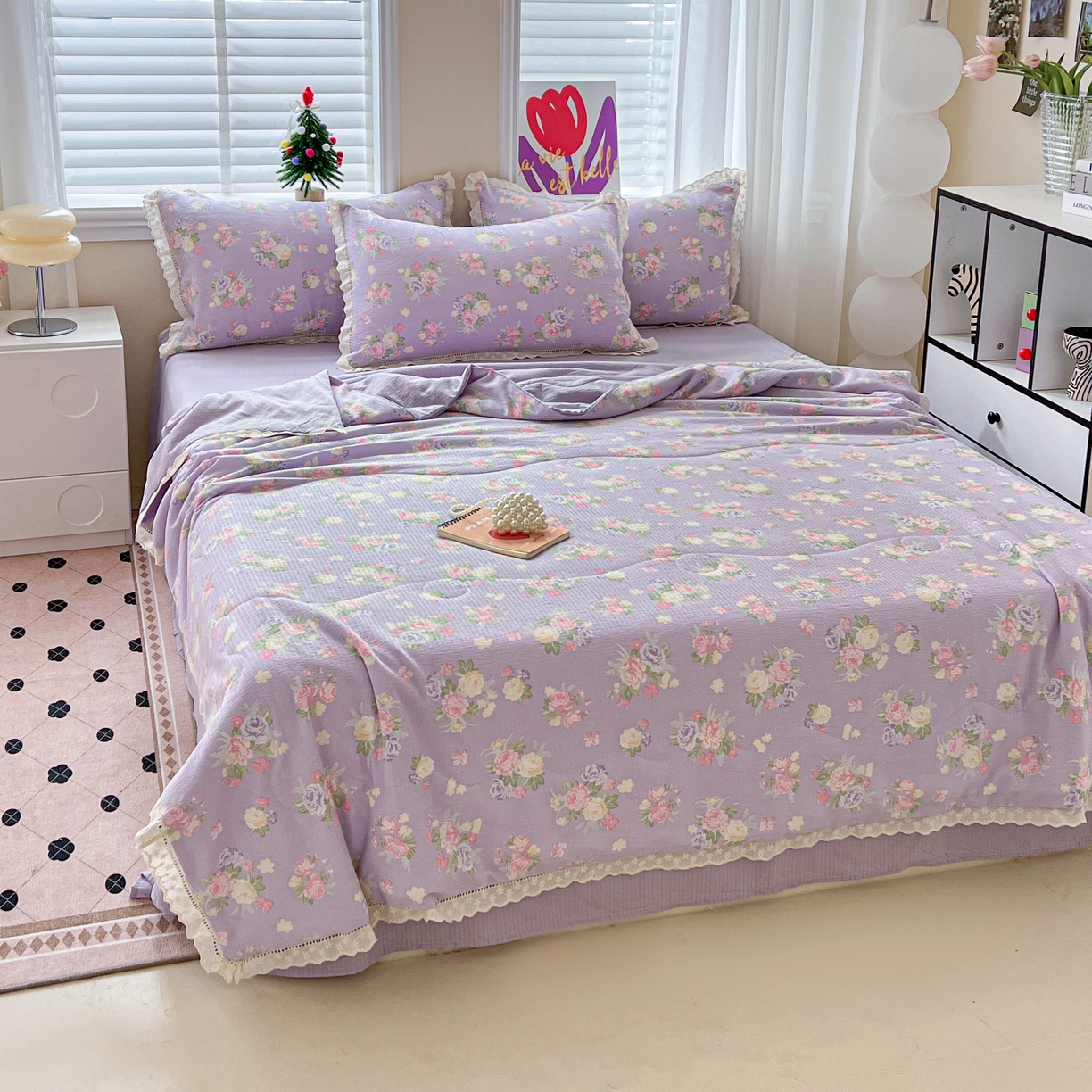 91家纺网 家纺一手货源 找家纺 2025新款云感皱皱纱全棉花边款夏被四件套 黎漫