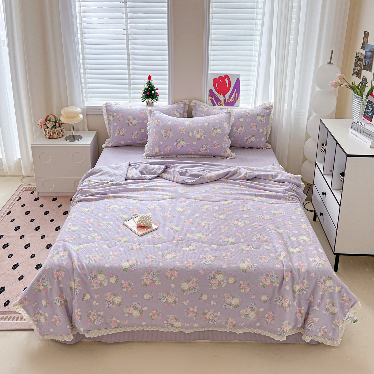 91家纺网 家纺一手货源 找家纺 2025新款云感皱皱纱全棉花边款夏被四件套 黎漫