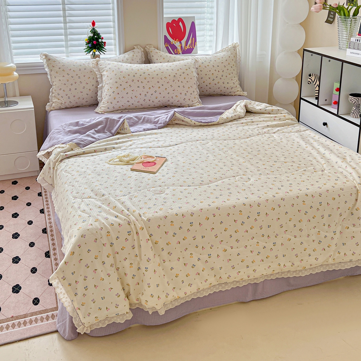 91家纺网 家纺一手货源 找家纺 2025新款云感皱皱纱全棉花边款夏被四件套 甜茶