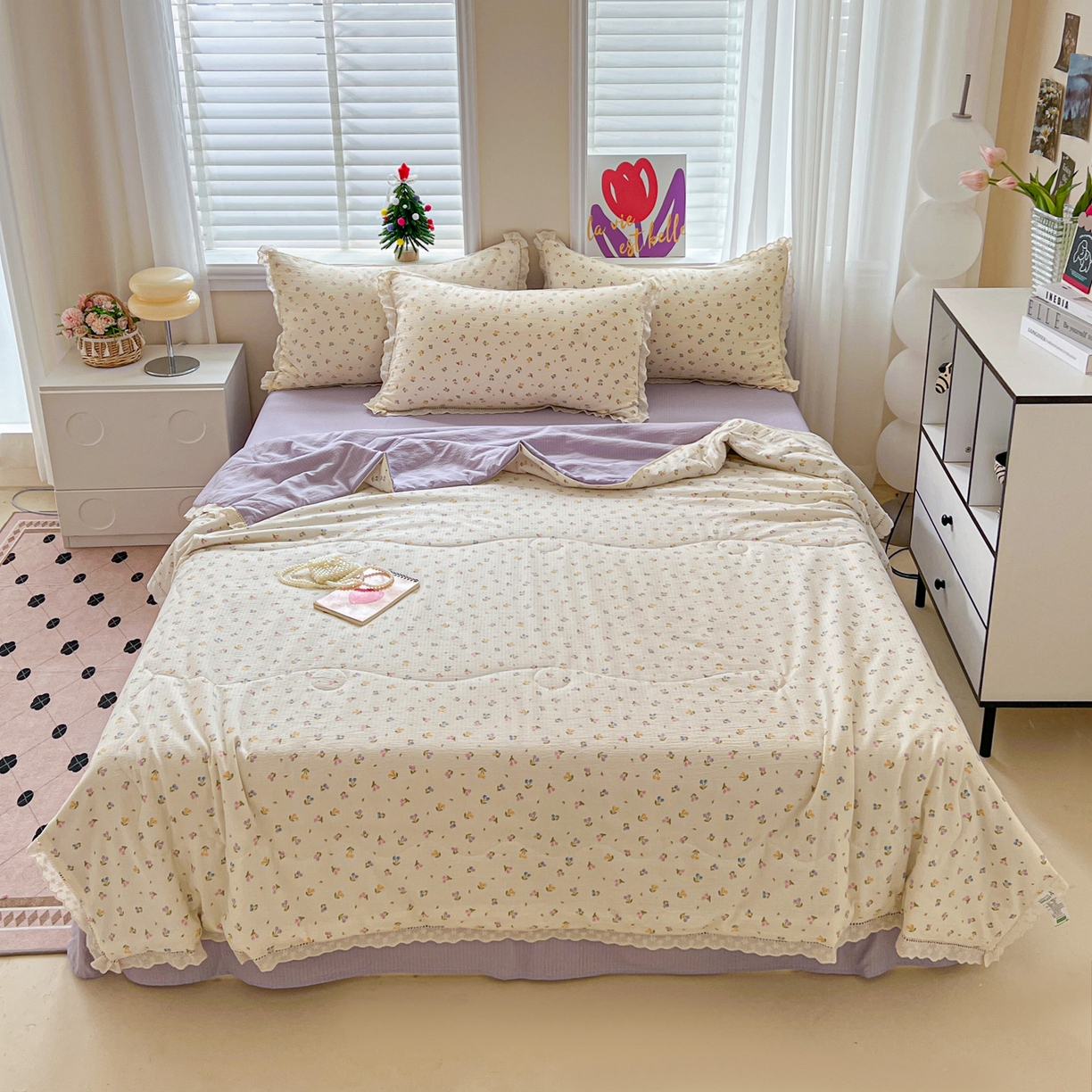 91家纺网 家纺一手货源 找家纺 2025新款云感皱皱纱全棉花边款夏被四件套 甜茶