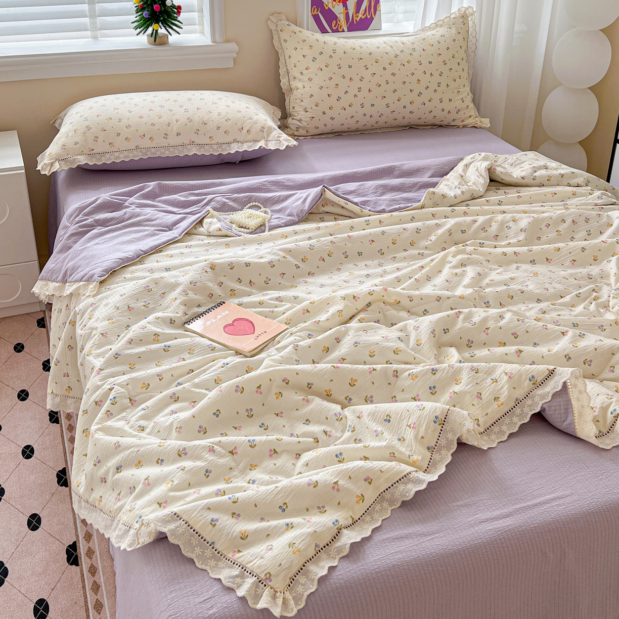 91家纺网 家纺一手货源 找家纺 2025新款云感皱皱纱全棉花边款夏被四件套 甜茶