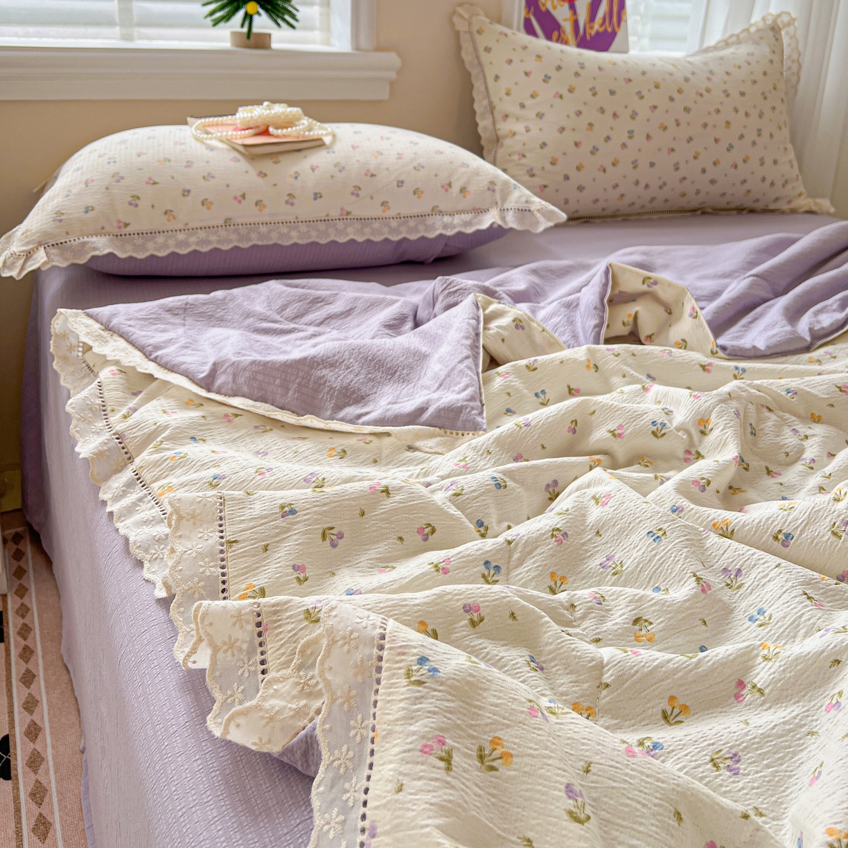 91家纺网 家纺一手货源 找家纺 2025新款云感皱皱纱全棉花边款夏被四件套 甜茶