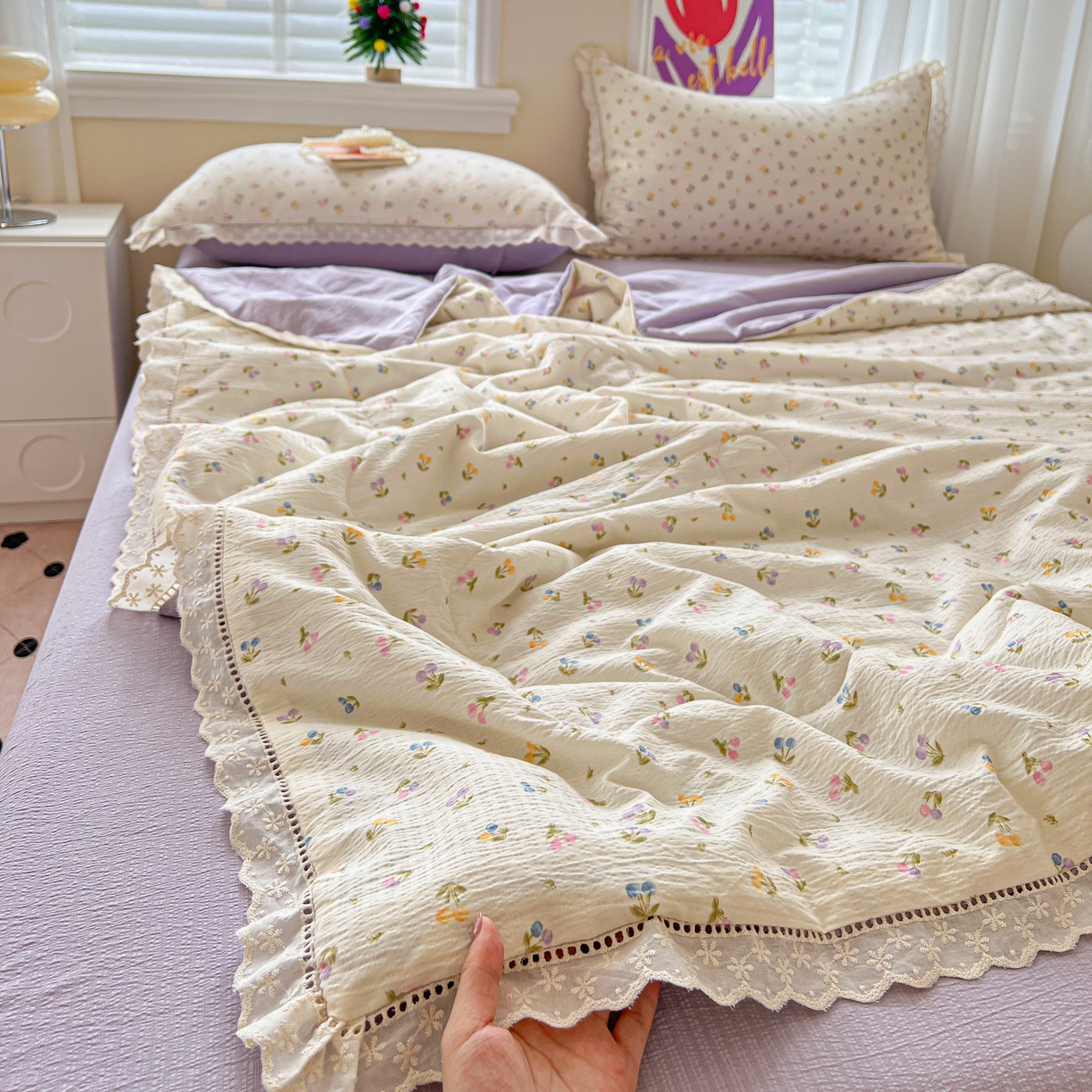 2025新款云感皱皱纱全棉花边款夏被四件套 甜茶