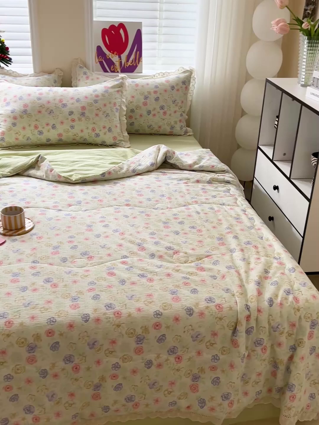 91家纺网 家纺一手货源 找家纺 2025新款云感皱皱纱全棉花边款夏被四件套 木槿绿