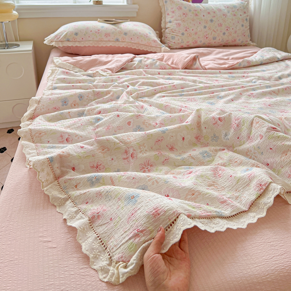 2025新款云感皱皱纱全棉花边款夏被四件套  白月光