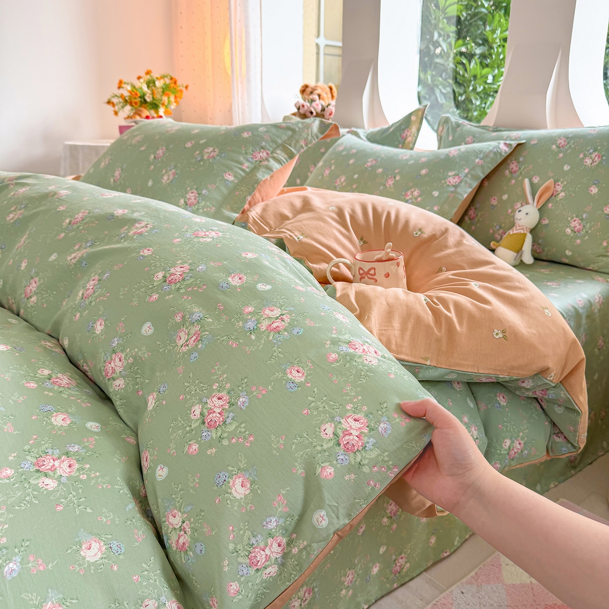 91家纺网 家纺一手货源 找家纺 壹贝家纺 2025新款小清新全棉纯棉印花系列-单被套 沐熙花-绿