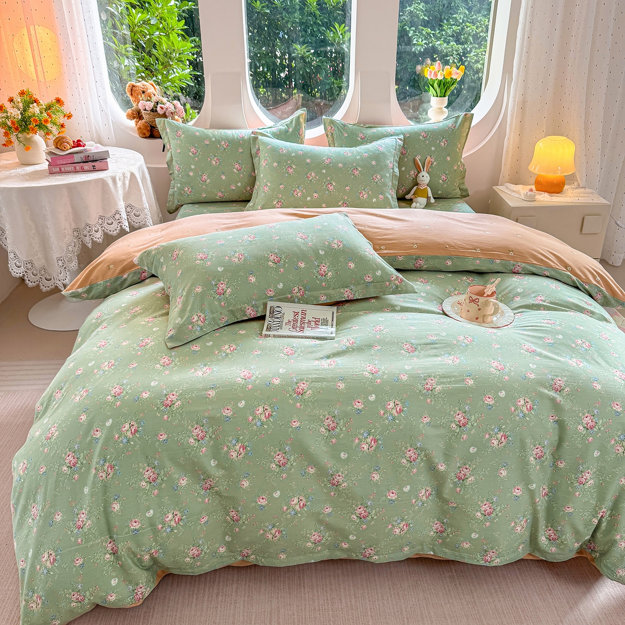 91家纺网 家纺一手货源 找家纺 壹贝家纺 2025新款小清新全棉纯棉印花系列-单被套 沐熙花-绿