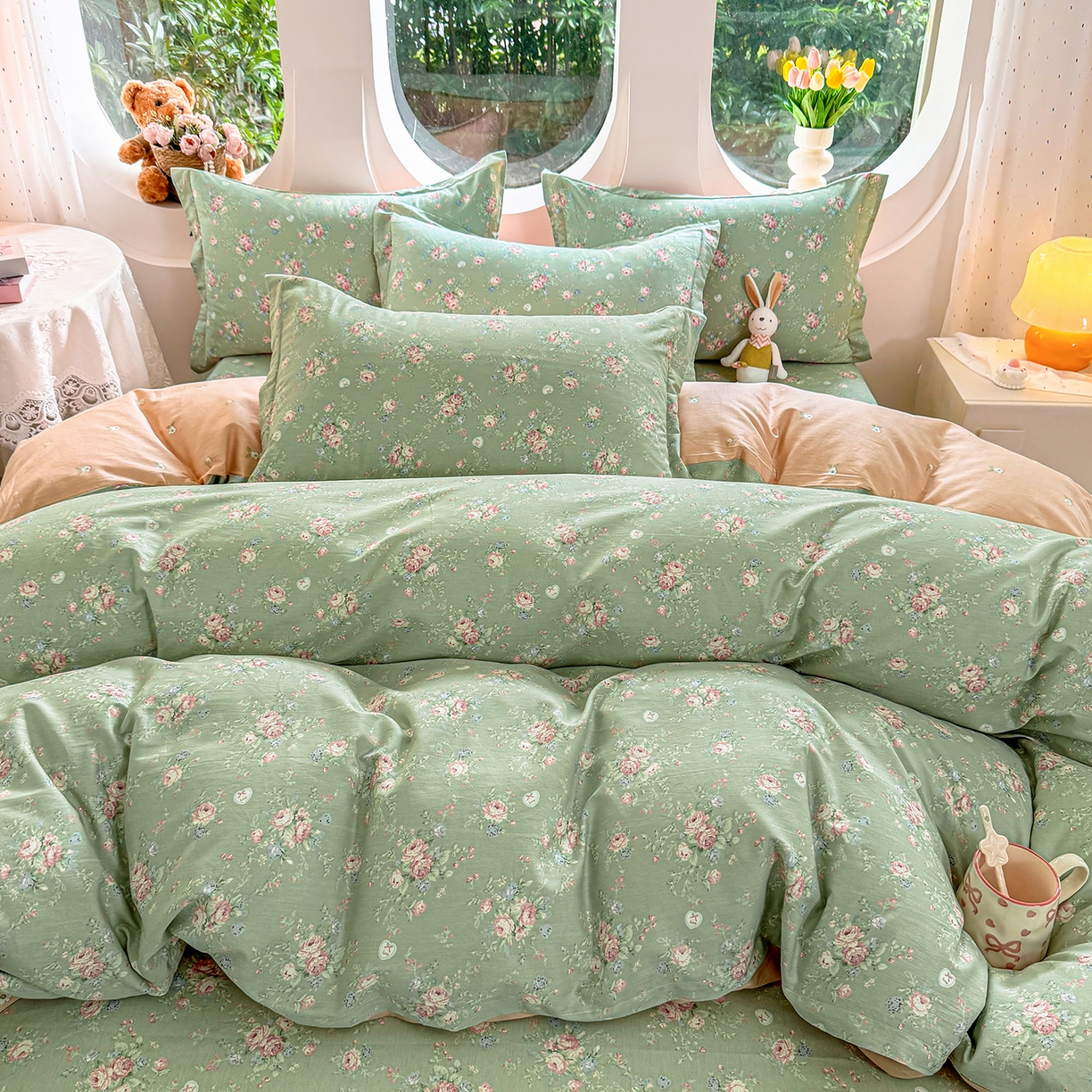 91家纺网 家纺一手货源 找家纺 壹贝家纺 2025新款小清新全棉纯棉印花系列-单被套 沐熙花-绿