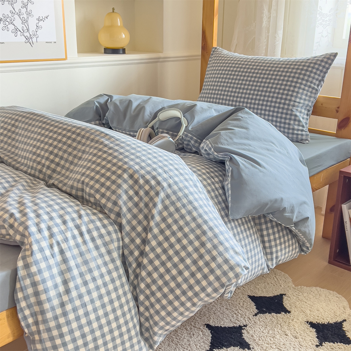 91家纺网 家纺一手货源 找家纺 恬思语家纺 2025新款全棉纯棉水洗棉学生宿舍上下铺三件套四件套单被套单品 蓝小格