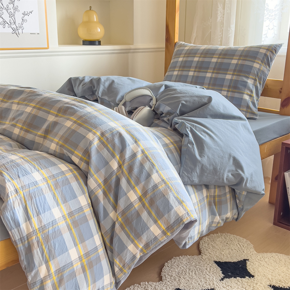 91家纺网 家纺一手货源 找家纺 恬思语家纺 2025新款全棉纯棉水洗棉学生宿舍上下铺三件套四件套单被套单品 简兮蓝