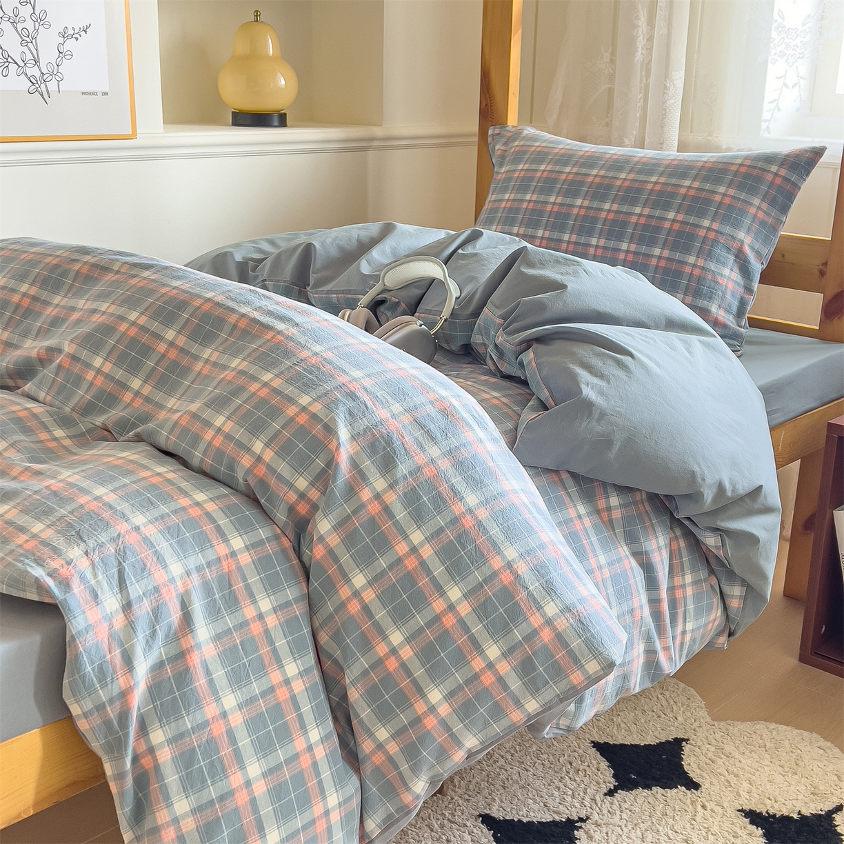 91家纺网 家纺一手货源 找家纺 恬思语家纺 2025新款全棉纯棉水洗棉学生宿舍上下铺三件套四件套单被套单品 初晴蓝