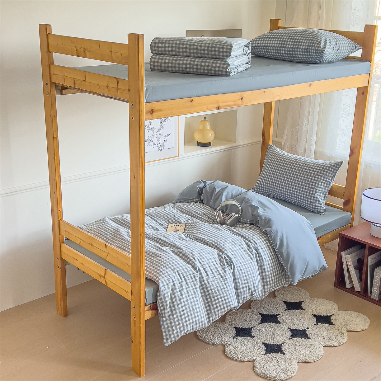 91家纺网 家纺一手货源 找家纺 恬思语家纺 2025新款全棉纯棉水洗棉学生宿舍上下铺三件套四件套单被套单品 蓝小格